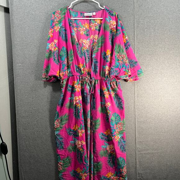 Belle Beach by Kim Gravel Regular Tie Front Cover-Up Raspberry Tropic, M/L - Picture 1 of 16